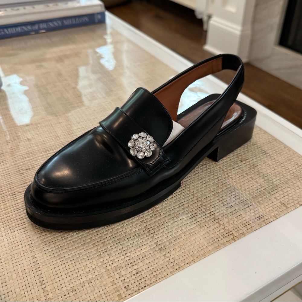 Ganni crystal-embellished leather slingback loafers